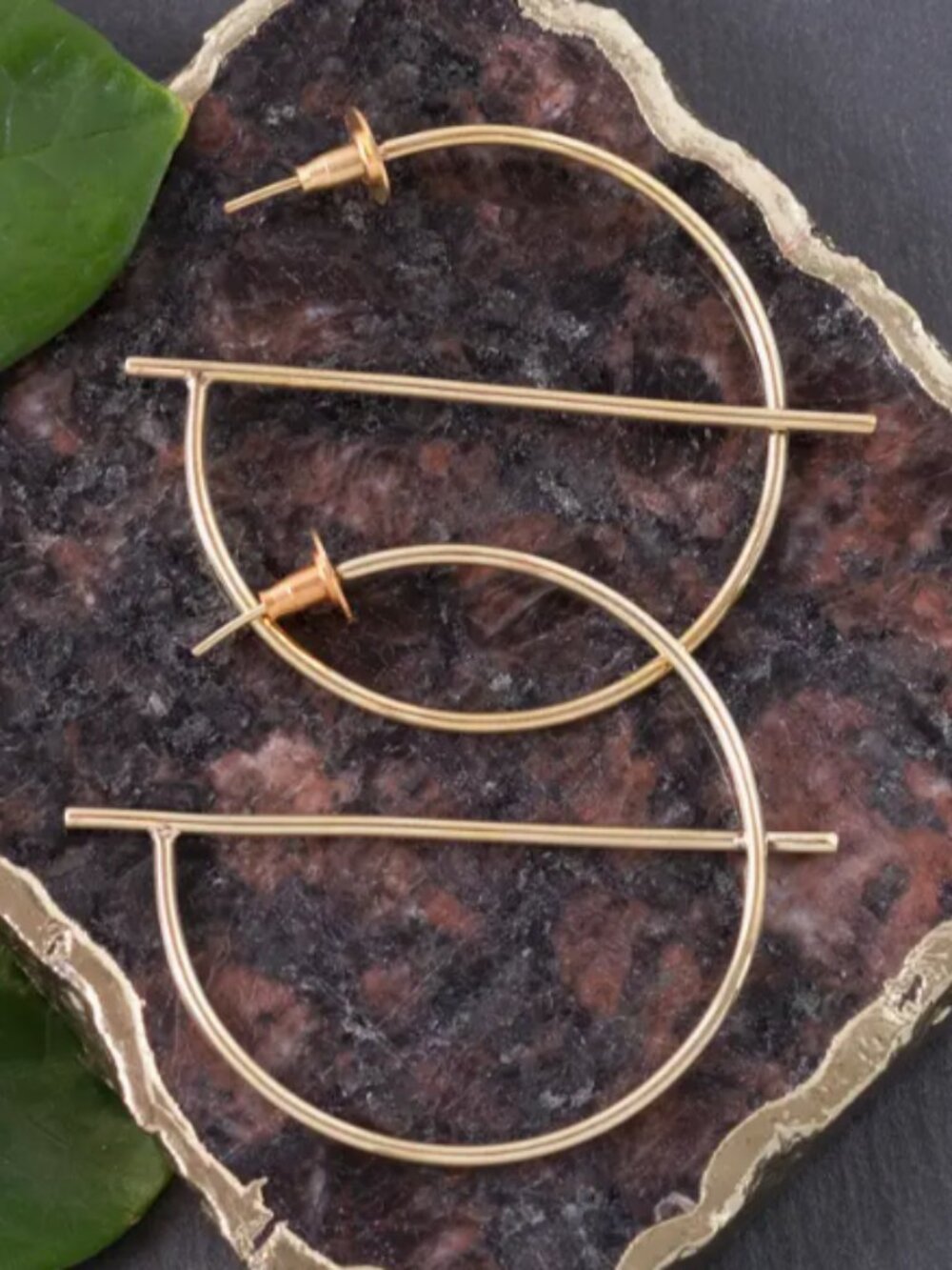 Large Gold Tone Geometric Hoop Earrings Circle Bar Modernist Brass Jewelry